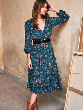 Sezane Robe Titiane Dress Flower blue orange Fleur Leopard Candard